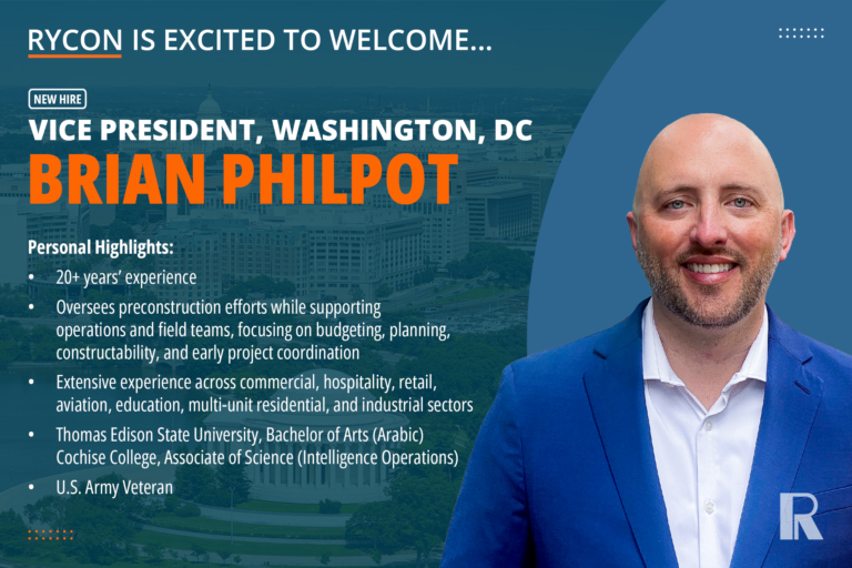 Announcement of Brian Philpot as Vice President for Rycon in Washington, DC, detailing his professional experience, education, and U.S. Army veteran status.