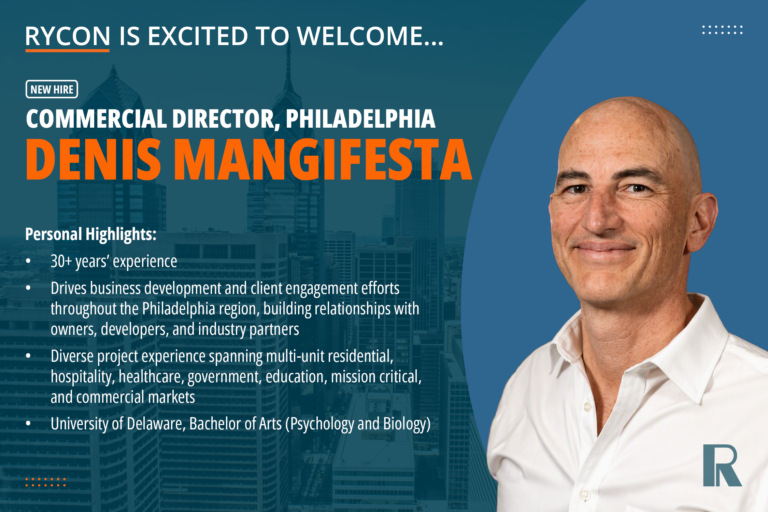 Announcement graphic for Rycon welcoming new Commercial Director Denis Mangifesta, including his professional experience and educational background.