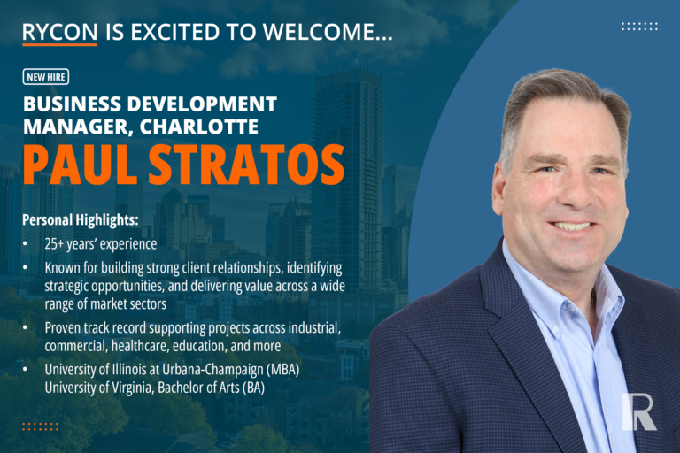 Announcement for new hire Paul Stratos, Business Development Manager in Charlotte, listing his professional highlights and education.