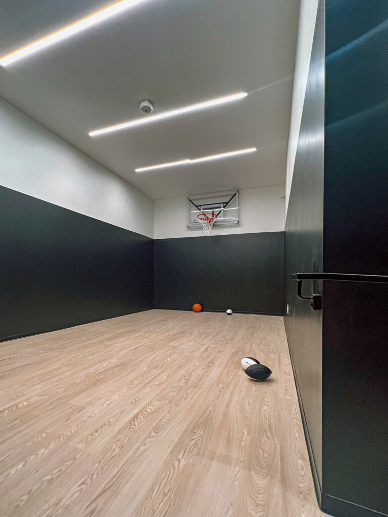 An indoor basketball court with a hoop, a basketball, and a football on a wood floor.