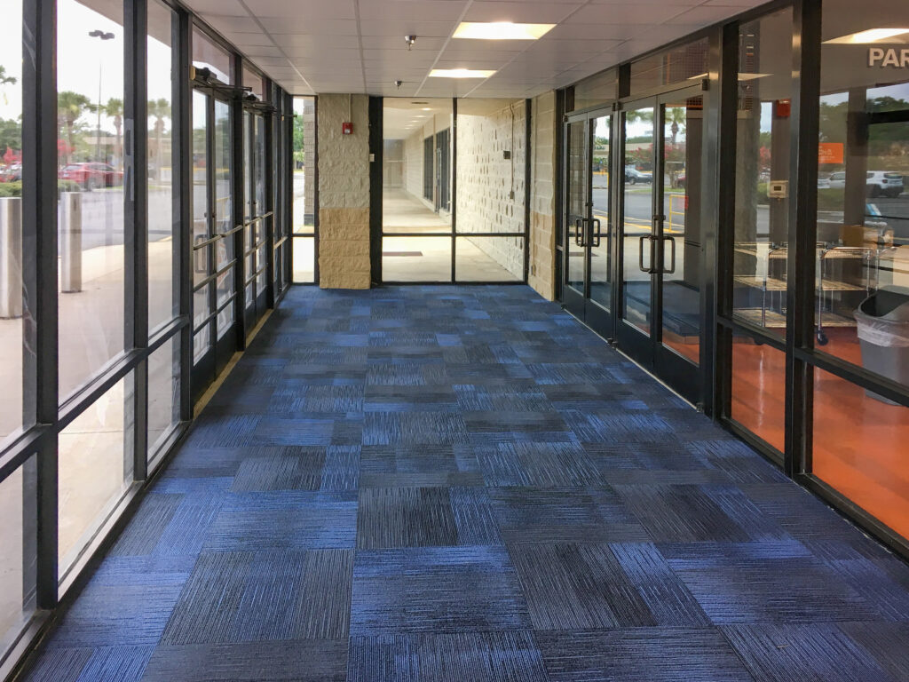 A hallway with blue patterned carpet, flanked by glass-paneled doors and large windows on both sides.
