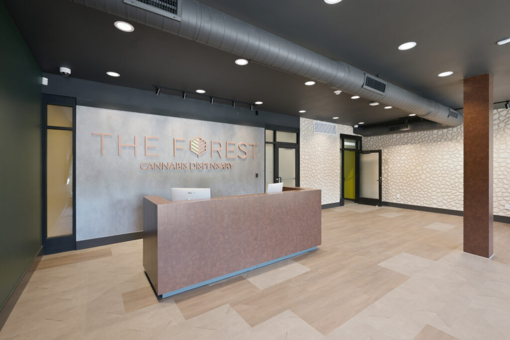 Reception desk in the lobby of The Forest Cannabis Dispensary.