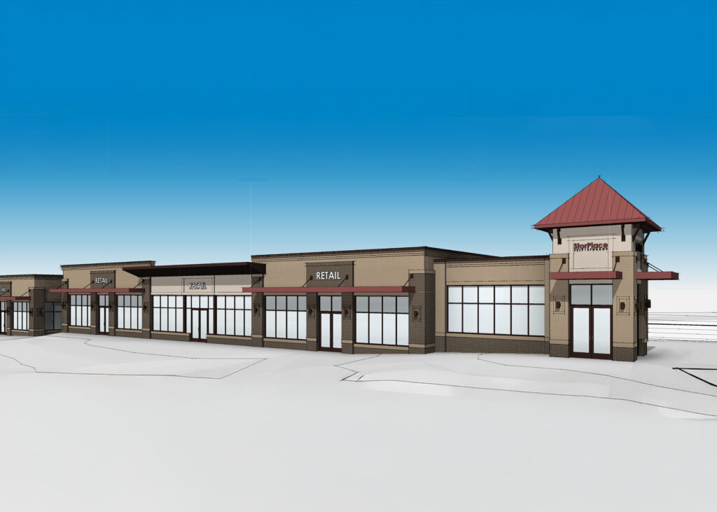 Architectural rendering of a retail strip center with a corner tower.