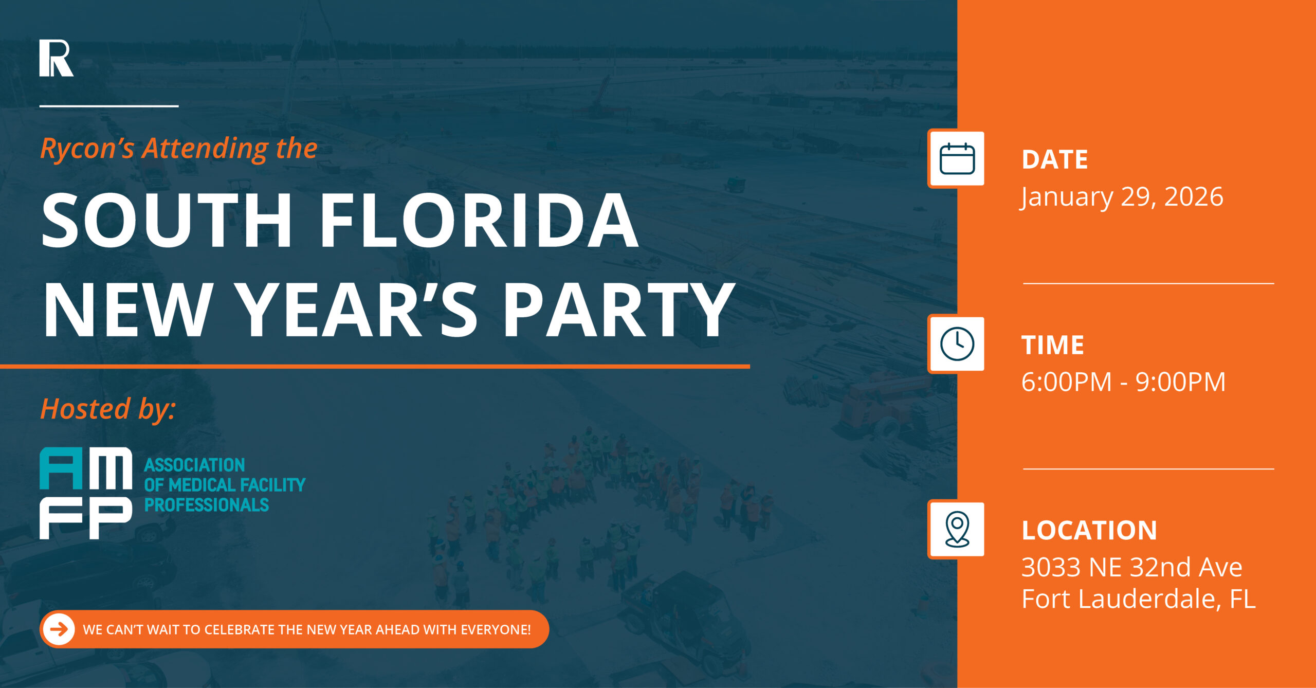 Event flyer for the South Florida New Year’s Party hosted by the Association of Medical Facility Professionals on January 29, 2026, from 6:00 PM to 9:00 PM at 3033 NE 32nd Ave, Fort Lauderdale, FL.