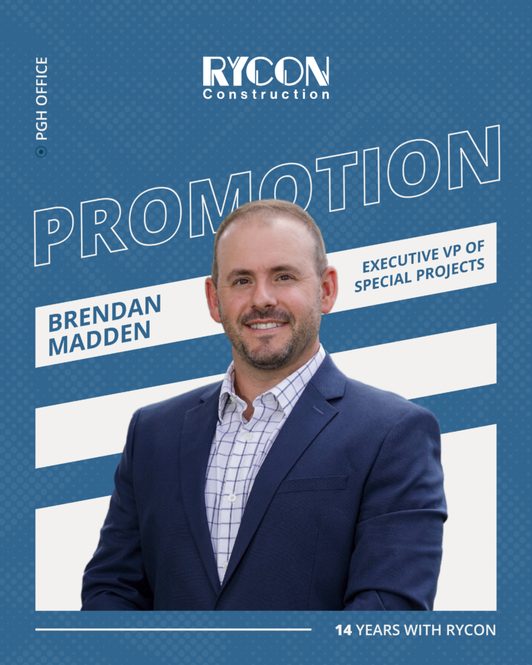 Announcement for the promotion of Brendan Madden to Executive VP of Special Projects at Rycon Construction.