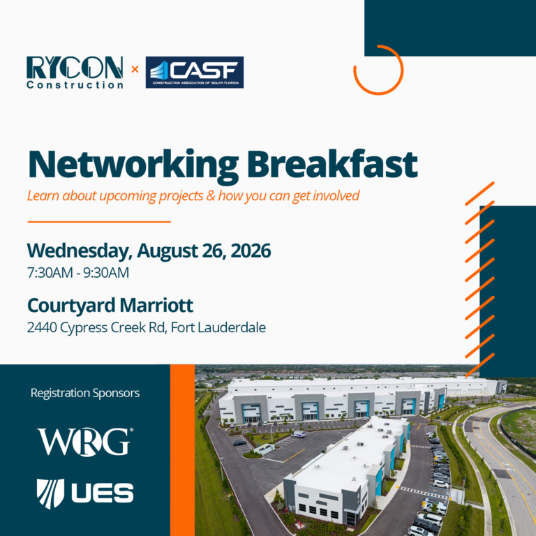 Flyer for a Rycon Construction and CASF networking breakfast on Wednesday, August 26, 2026, at the Courtyard Marriott in Fort Lauderdale, featuring a photo of a commercial warehouse.