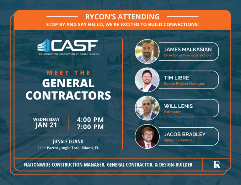 Event flyer for Rycon at the CASF General Contractors meeting on January 21 at Jungle Island, featuring photos and names of four Rycon representatives.