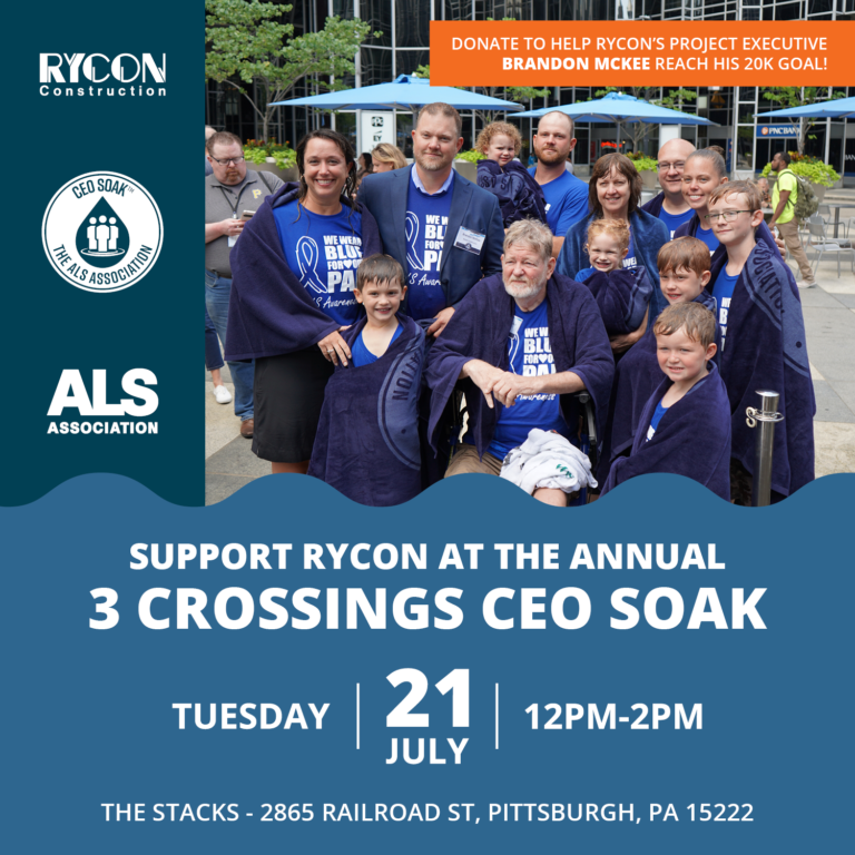 A group of people wearing blue ALS Association towels and shirts, posing for a photo with text promoting the 3 Crossings CEO Soak event on July 21st.