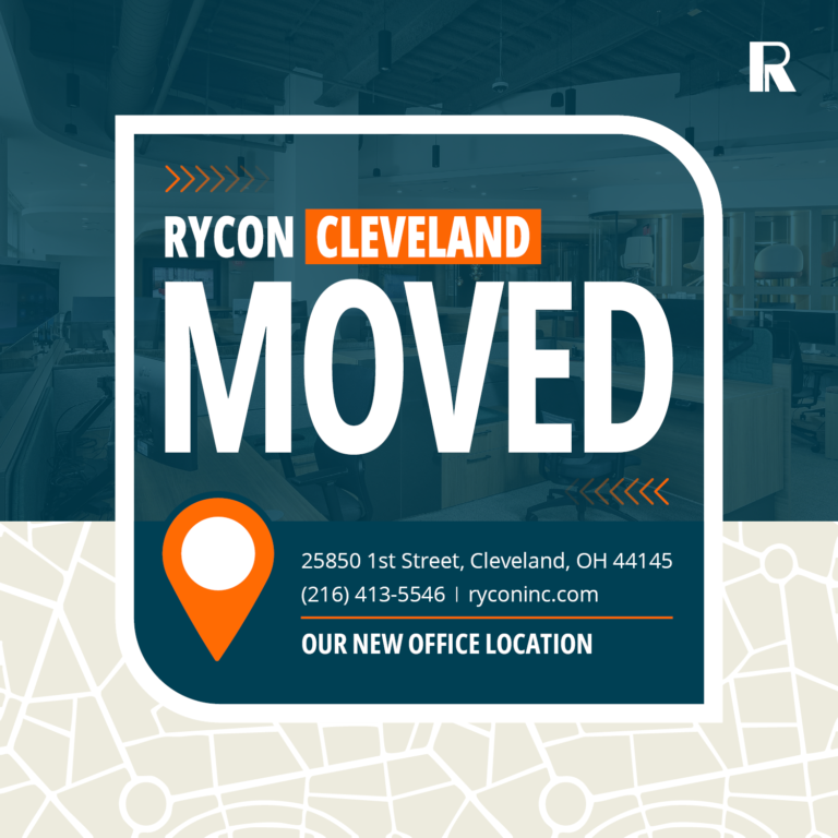 Announcement that Rycon Cleveland has moved to 25850 1st Street, Cleveland, OH 44145, including the company phone number and website.