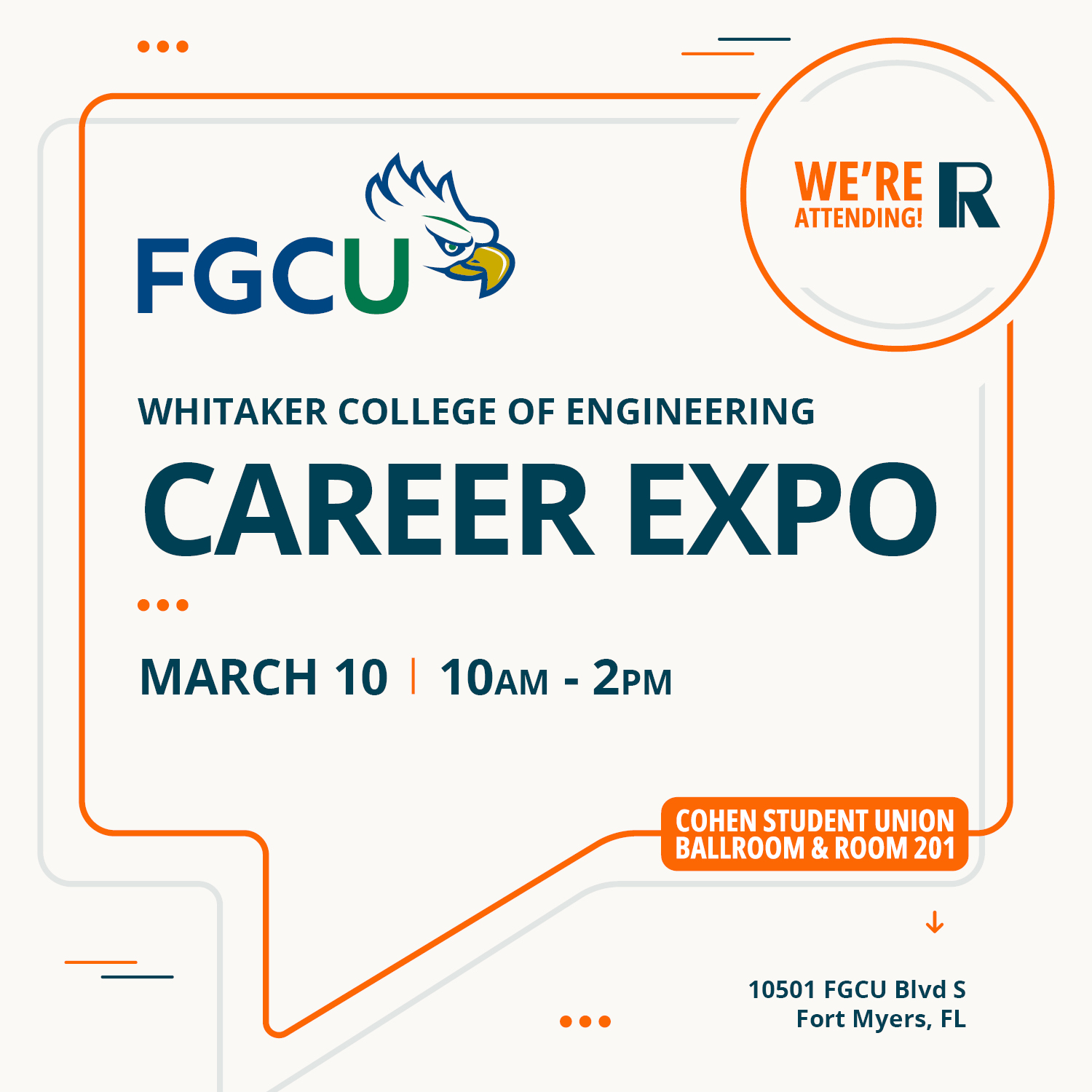 FGCU Whitaker College of Engineering Career Expo on March 10 from 10 am to 2 pm at the Cohen Student Union, 10501 FGCU Blvd S, Fort Myers, FL.