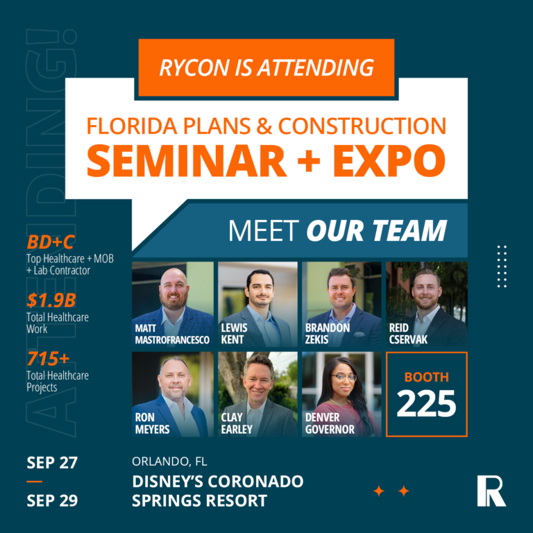 Rycon Construction advertisement for the Florida Plans & Construction Seminar + Expo, September 27–29 in Orlando, featuring team headshots and booth number 225.