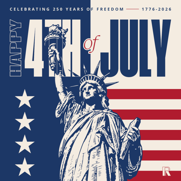 Graphic of the Statue of Liberty against a split blue and red American flag background, with the text “Happy 4th of July” and “Celebrating 250 Years of Freedom 1776-2026.”