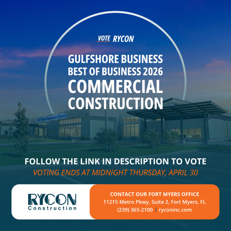 Advertisement for Rycon Construction, nominee for Gulfshore Business Best of Business 2026 Commercial Construction. Includes voting instructions and Rycon’s Fort Myers office contact information.
