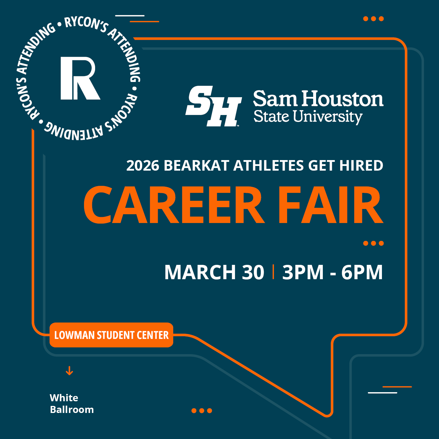 Flyer for the 2026 Bearkat Athletes Get Hired Career Fair at the Sam Houston State University Lowman Student Center White Ballroom, March 30, 3 PM – 6 PM.