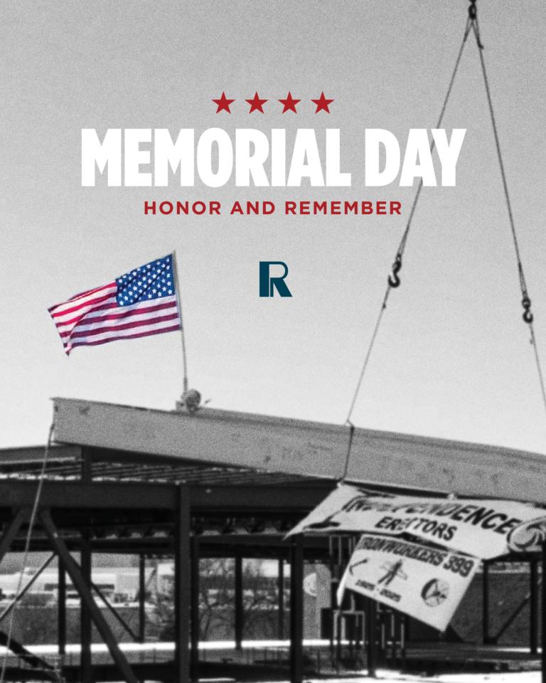 Memorial Day graphic featuring a construction site with an American flag and a banner for Iron Workers 399.