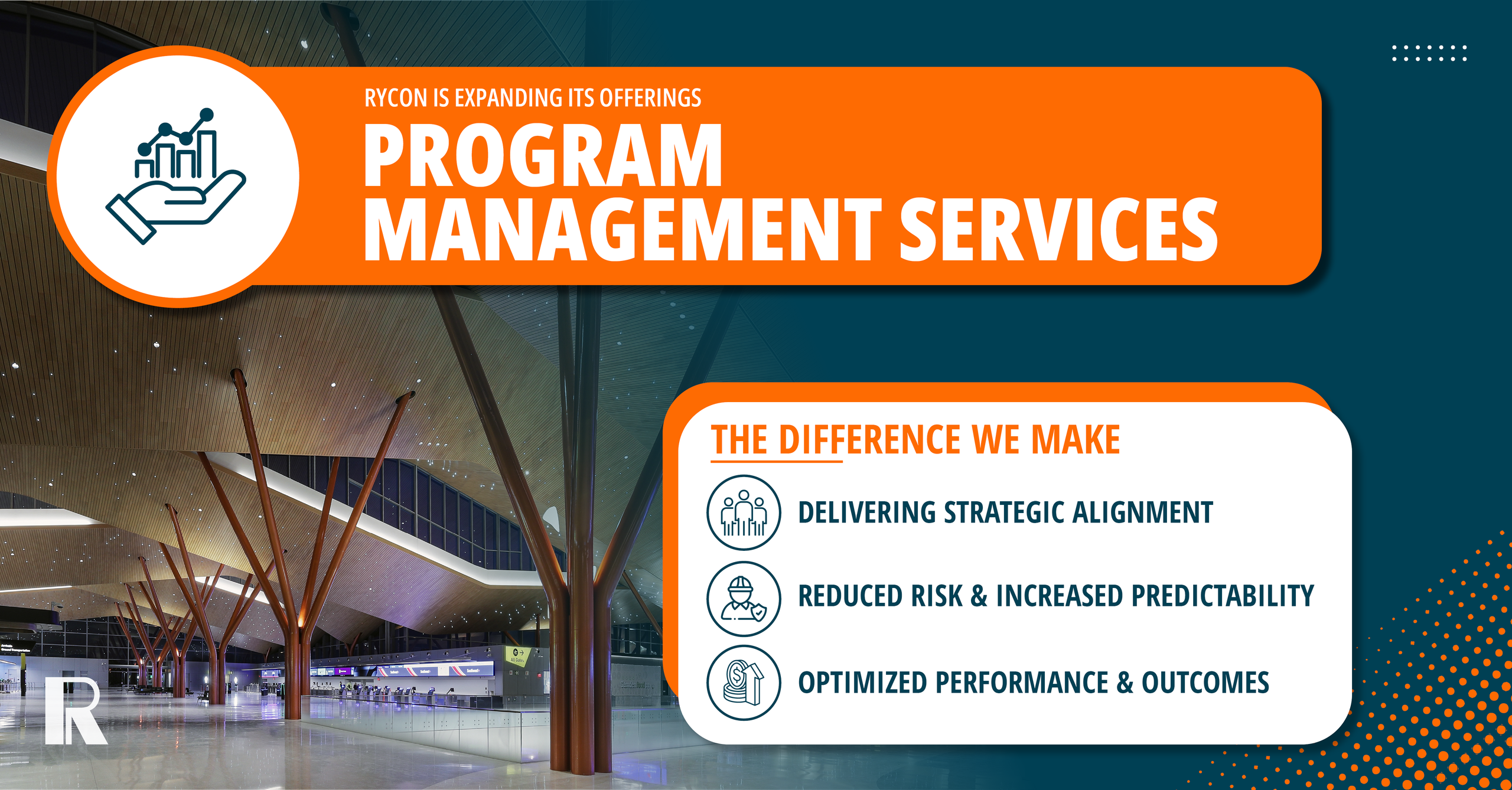 Rycon Program Management Services infographic listing benefits: strategic alignment, reduced risk and increased predictability, and optimized performance and outcomes.