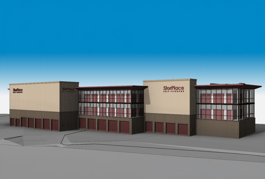 Architectural rendering of a StorPlace Self-Storage facility with multiple ground-level roll-up doors and upper-level storage units.