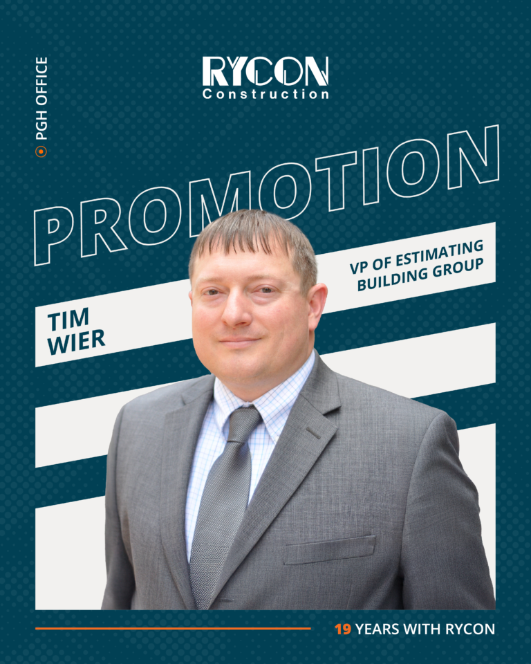 Announcement for Tim Wier’s promotion to VP of Estimating Building Group at Rycon Construction.