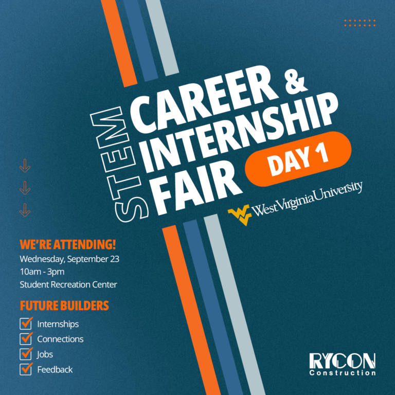 Flyer for the West Virginia University STEM Career and Internship Fair on September 23, 10am–3pm, at the Student Recreation Center, featuring Rycon Construction.