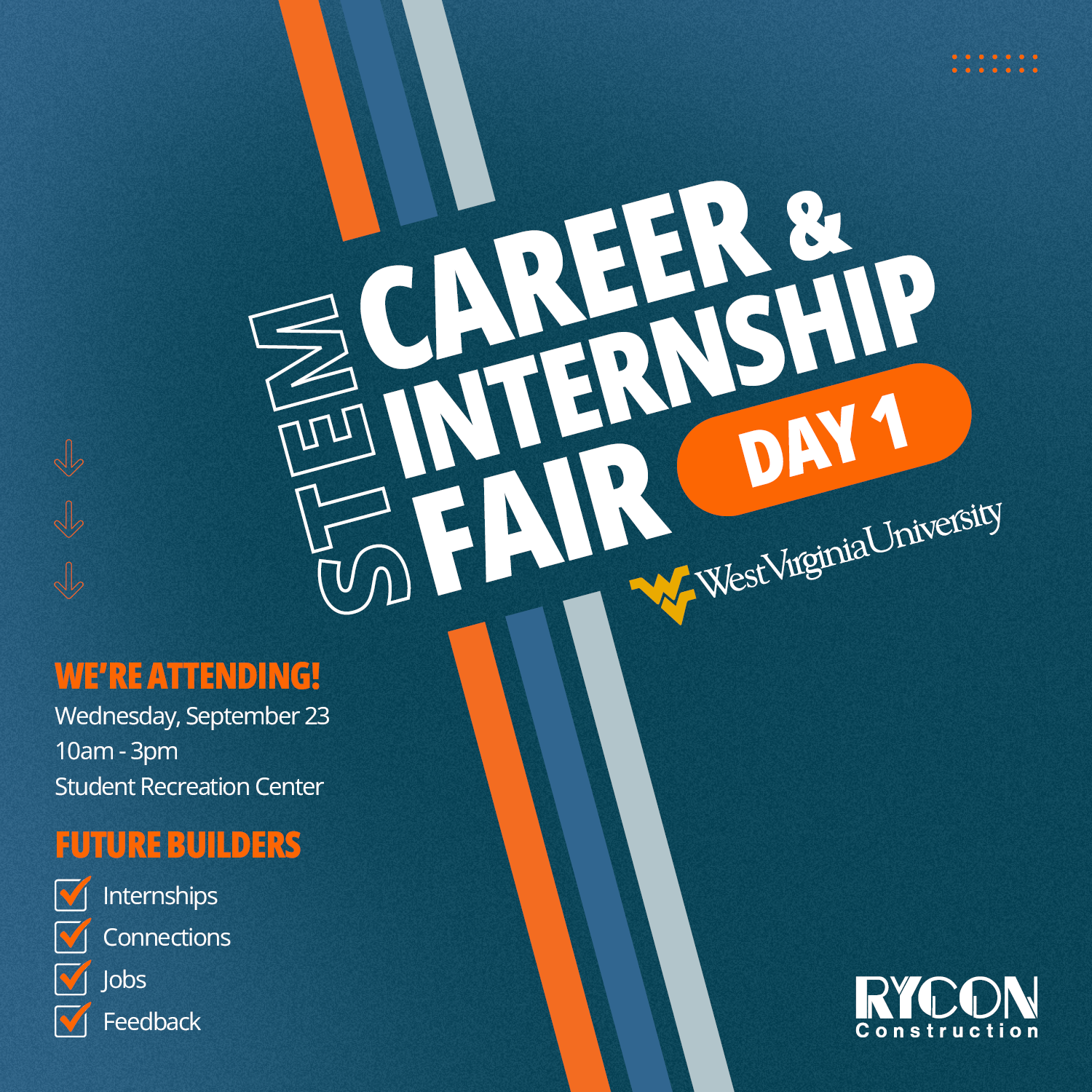 Flyer for the West Virginia University STEM Career and Internship Fair on September 23, 10am–3pm, at the Student Recreation Center, featuring Rycon Construction.