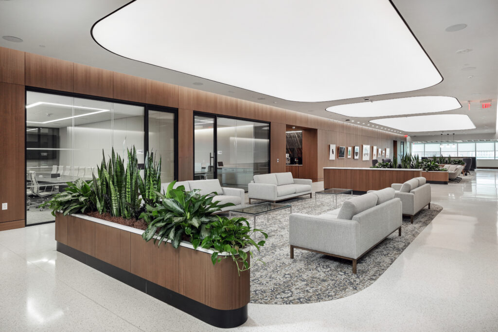 Office lounge area featuring grey sofas, glass coffee tables, and a large indoor planter on a patterned rug, with glass-walled conference rooms in the background.