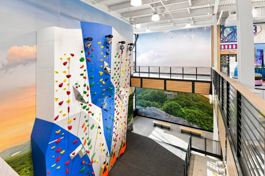 Indoor rock climbing wall with colorful handholds and hanging ropes, situated next to a mural of a forest and an elevated walkway.