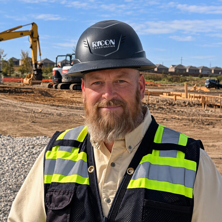 A man with a beard wearing a black hard hat labeled “Rycon Construction” and a high-visibility vest stands on a construction site.