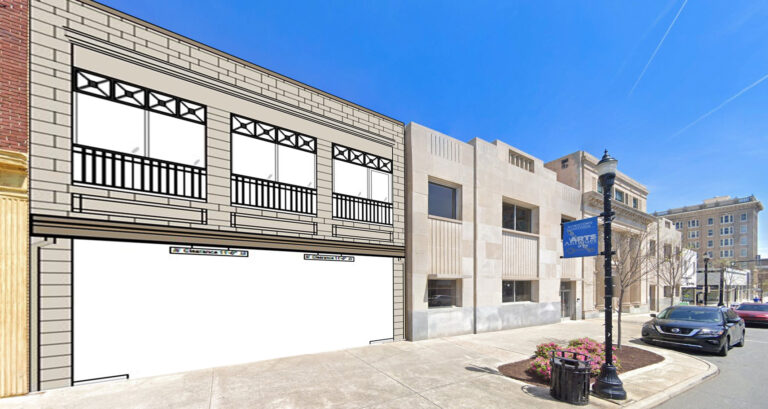 A street view showing a line of buildings, with a digital architectural sketch of a building facade overlaid on the left side.