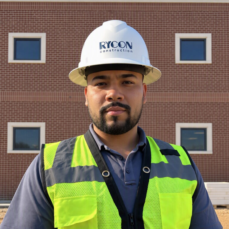 A construction worker wearing a hard hat with the Rycon Construction logo and a high-visibility safety vest in front of a brick building.